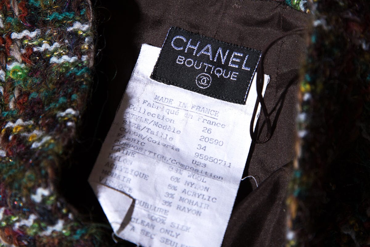 Chanel Boutique Vintage Green & Brown Tweed Mini Skirt SZ 34