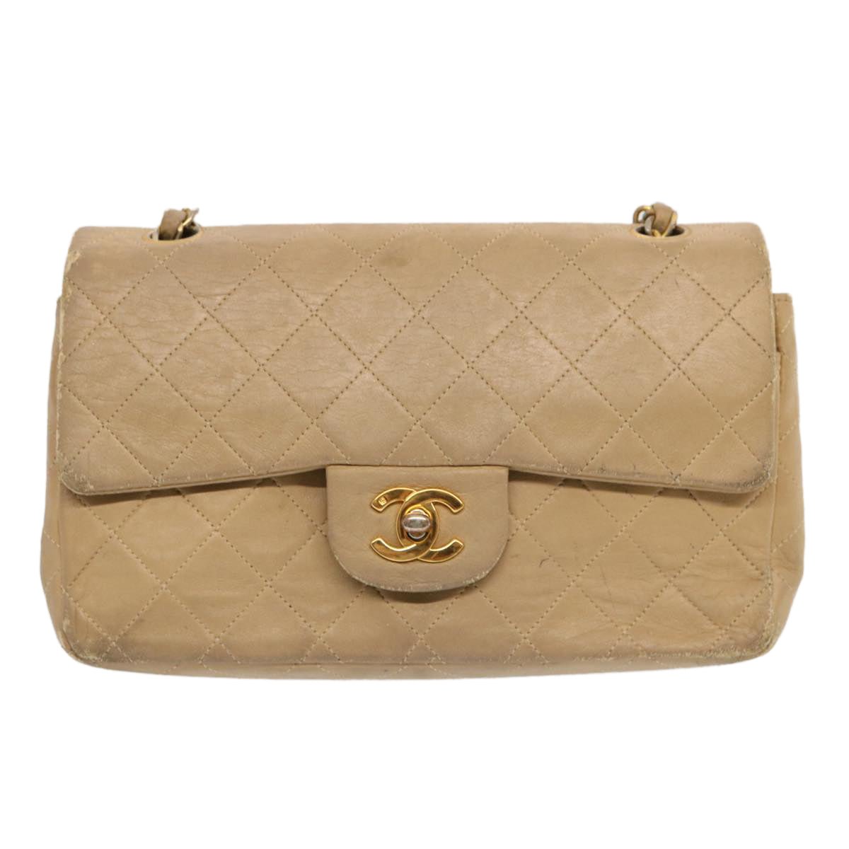 CHANEL Matelasse Chain Shoulder Bag Lamb Skin Beige CC 70454A