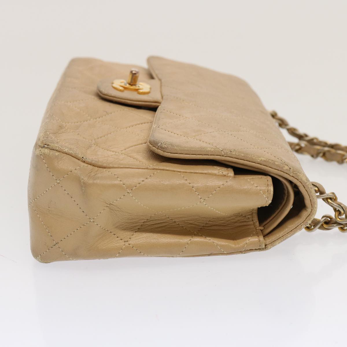 CHANEL Matelasse Chain Shoulder Bag Lamb Skin Beige CC 70454A