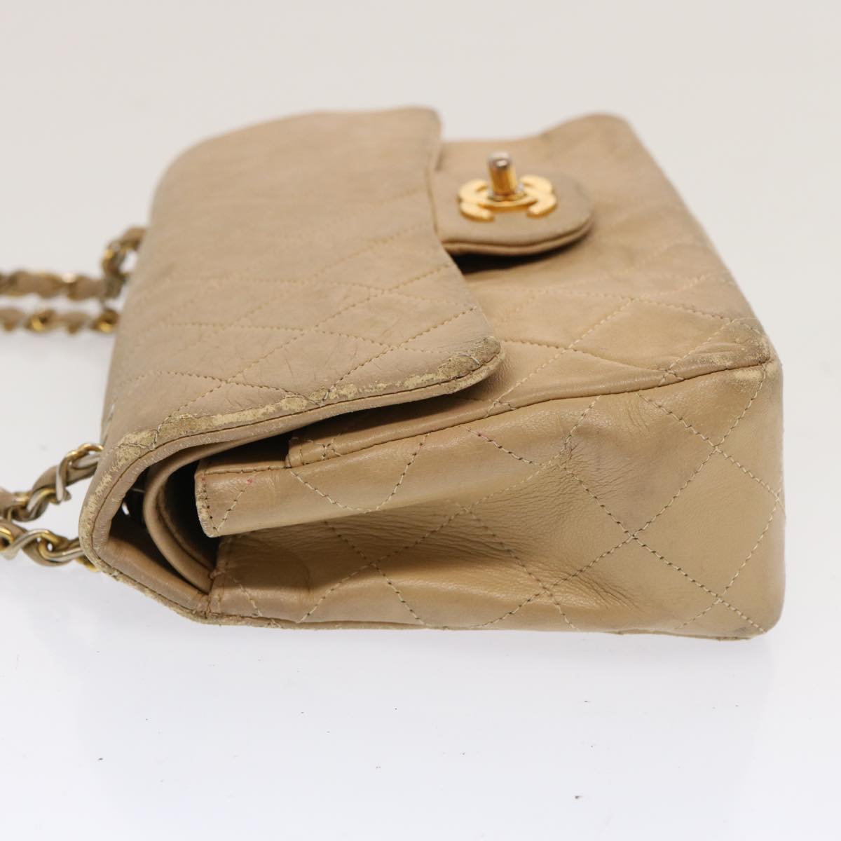 CHANEL Matelasse Chain Shoulder Bag Lamb Skin Beige CC 70454A