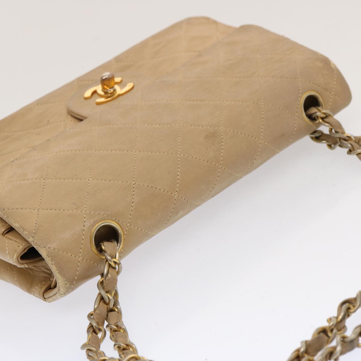 CHANEL Matelasse Chain Shoulder Bag Lamb Skin Beige CC 70454A