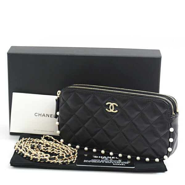 Chanel Matelasse Pearl Chain Wallet Shoulder Bag Black