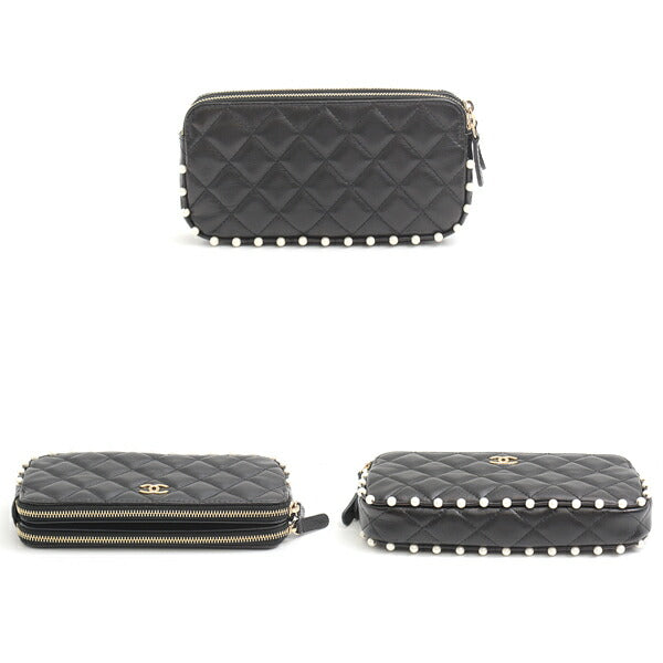 Chanel Matelasse Pearl Chain Wallet Shoulder Bag Black