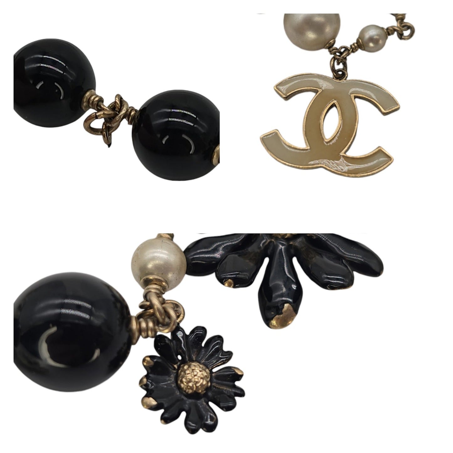 Chanel CC Camellia Black Bead Faux Pearl Long Necklace