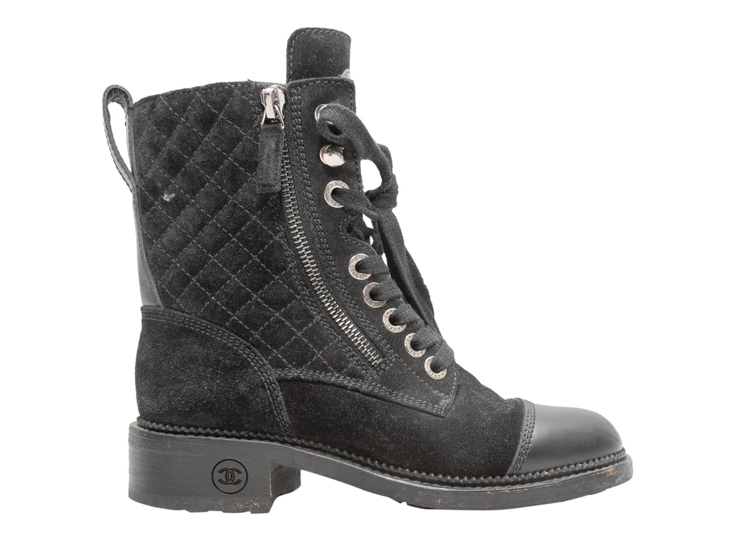 Black Chanel Quilted Suede Cap-Toe Combat Boots Size 35