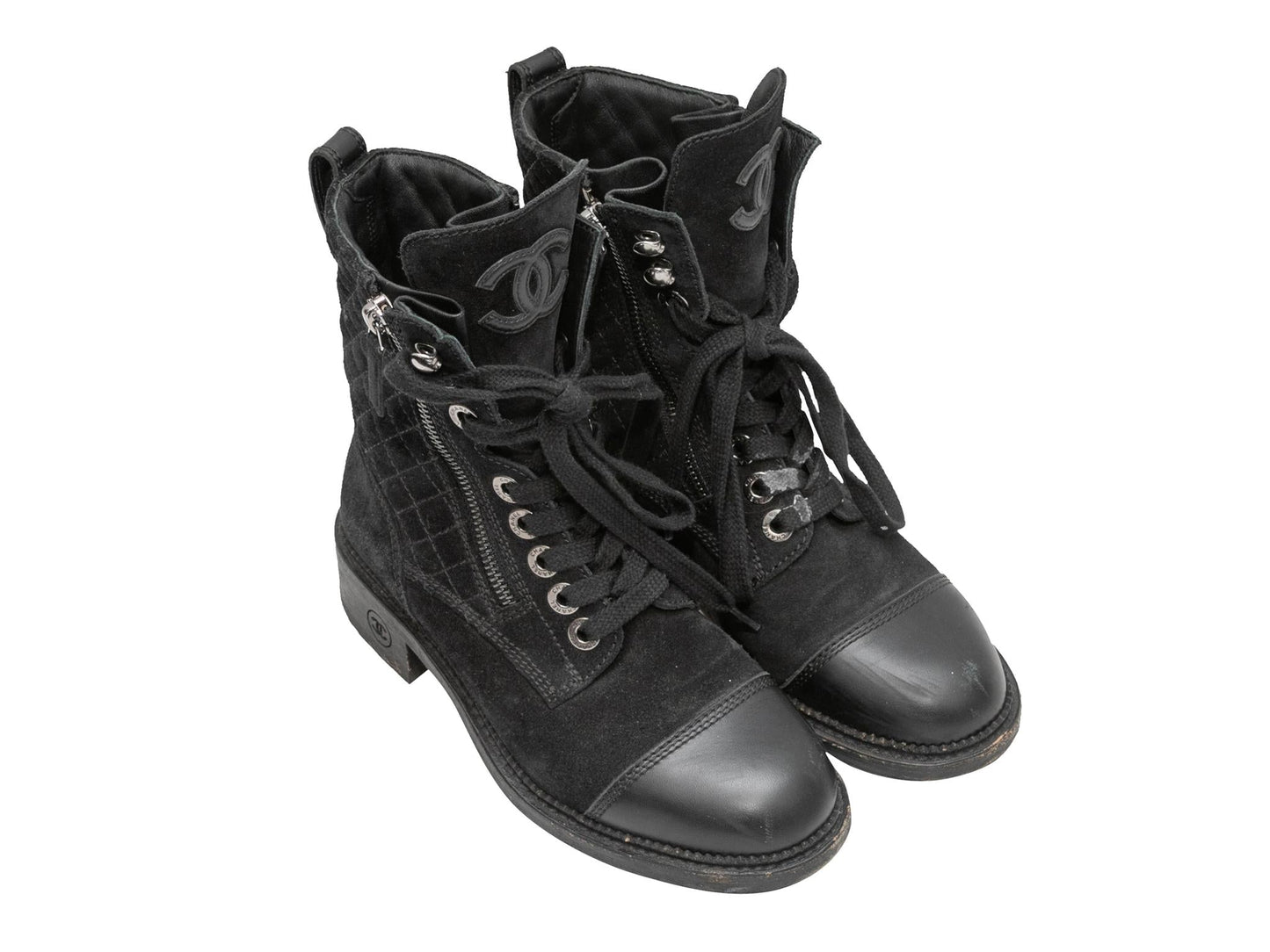 Black Chanel Quilted Suede Cap-Toe Combat Boots Size 35