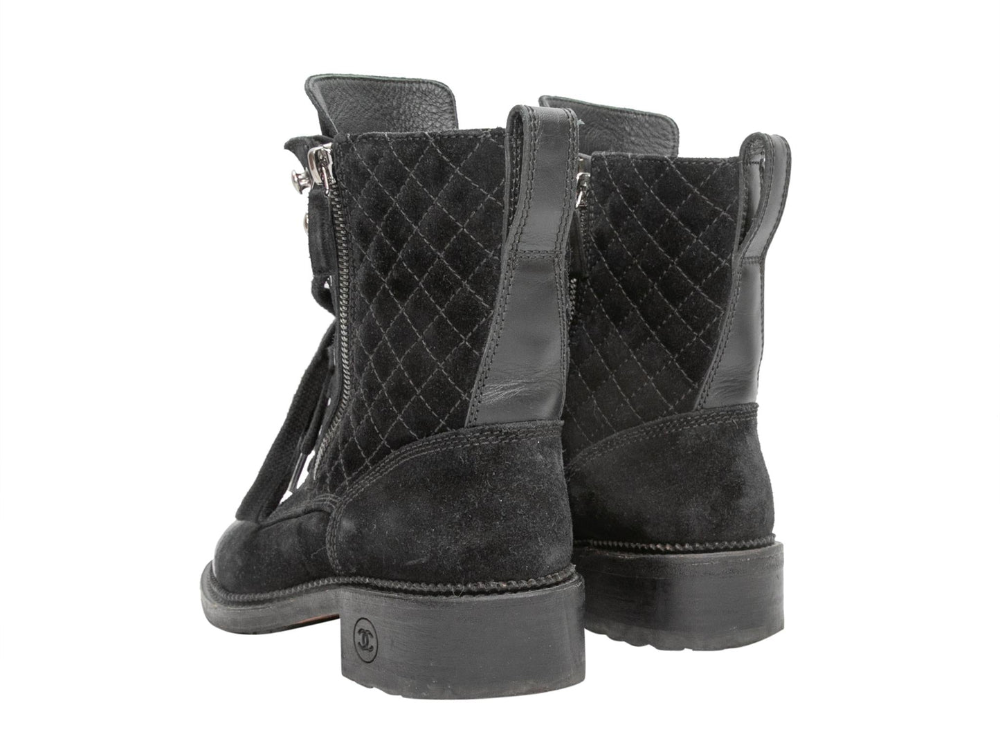 Black Chanel Quilted Suede Cap-Toe Combat Boots Size 35