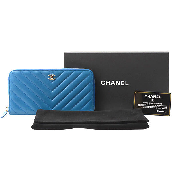 Chanel Chevron Lambskin Round Zip Wallet Blue