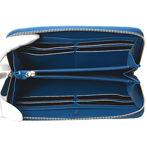 Chanel Chevron Lambskin Round Zip Wallet Blue