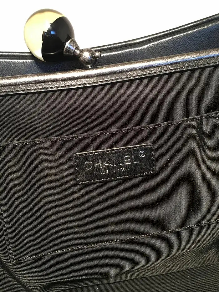 Chanel Black Leather Crystal Ball Kiss lock Clutch