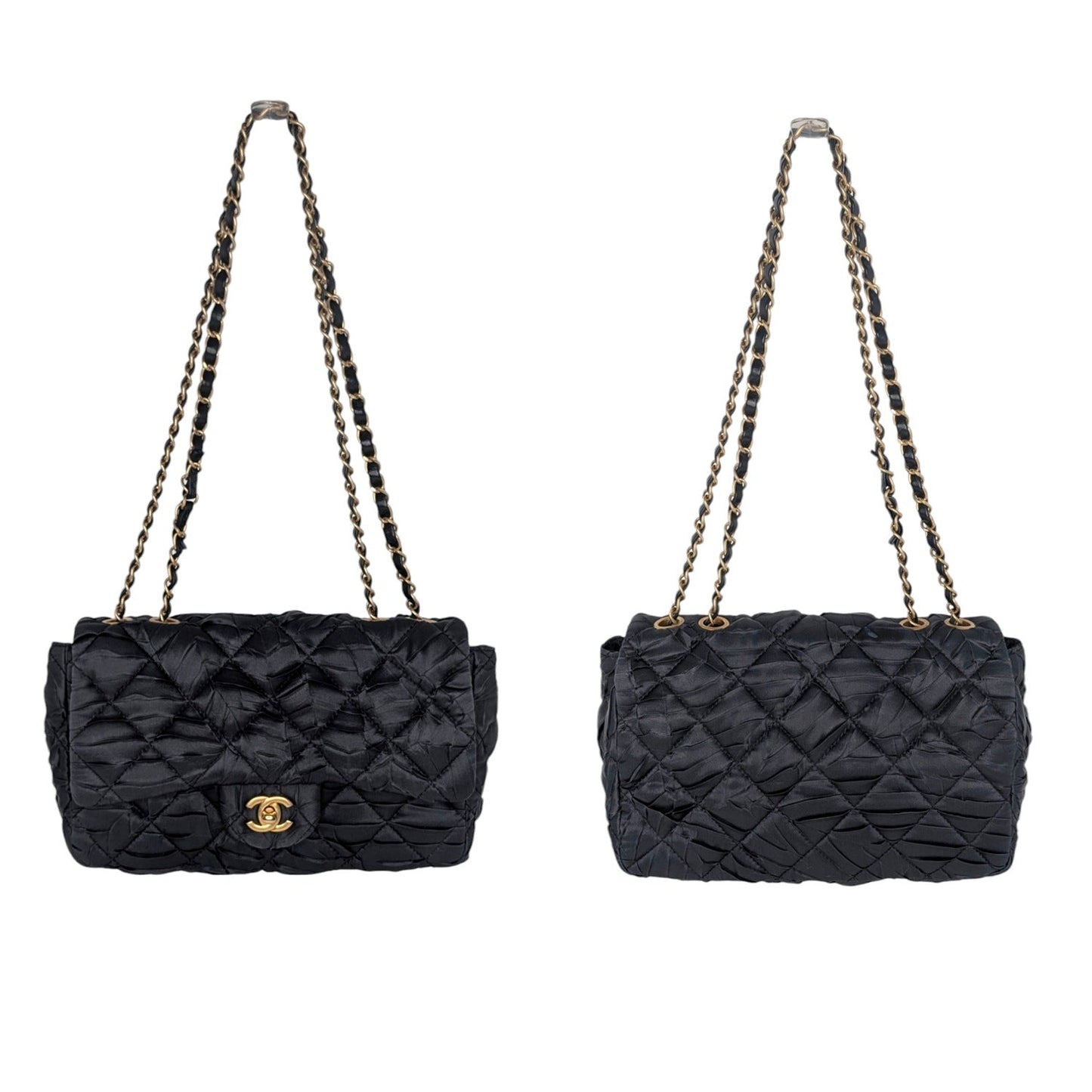Chanel Black Satin Quilted Pleated Medium Single Flap
