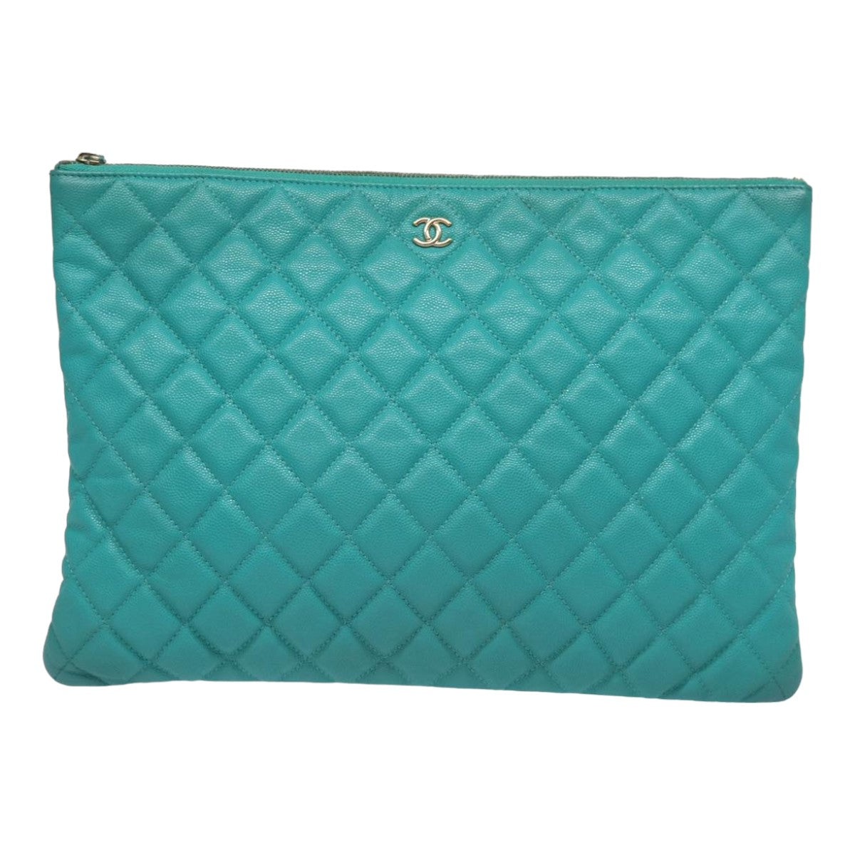 CHANEL Clutch Bag Caviar Skin Turquoise Blue CC 83807A