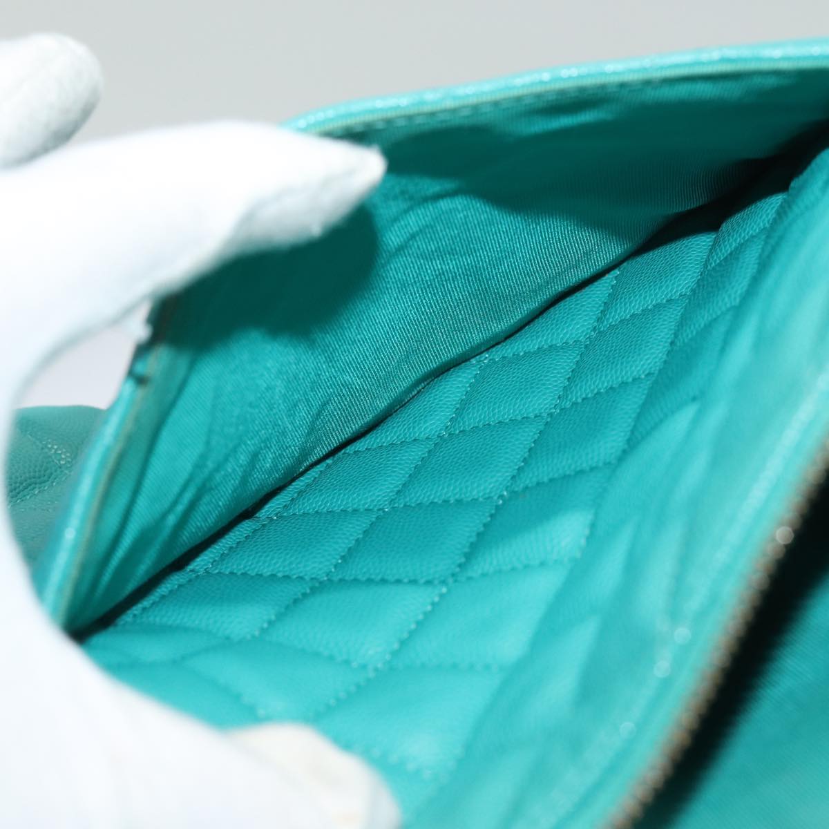 CHANEL Clutch Bag Caviar Skin Turquoise Blue CC 83807A