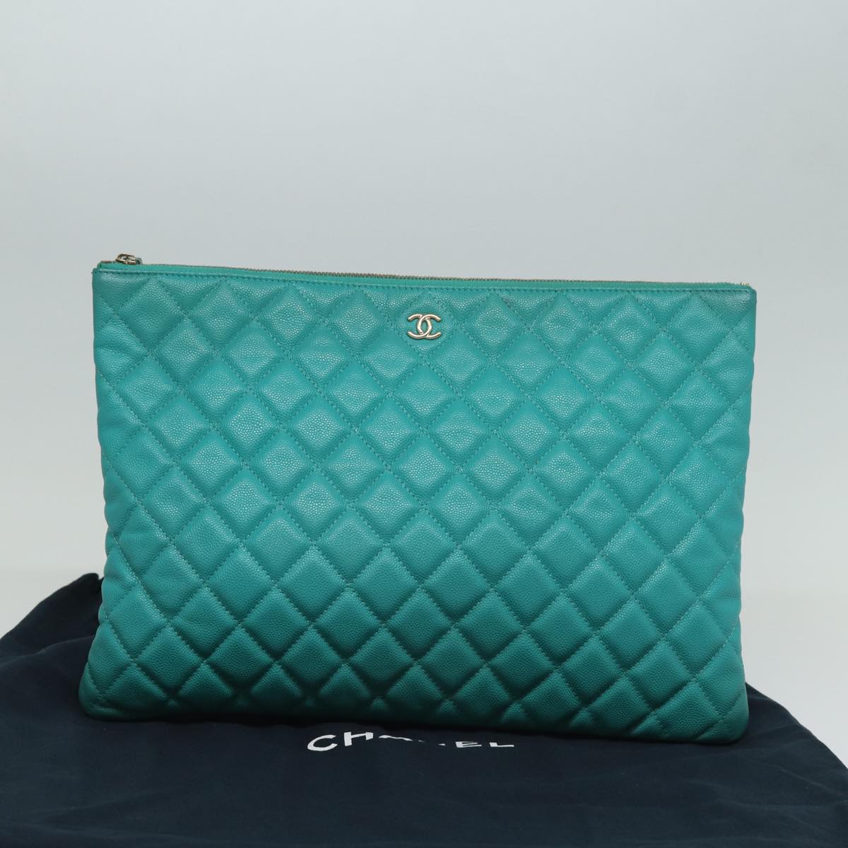 CHANEL Clutch Bag Caviar Skin Turquoise Blue CC 83807A