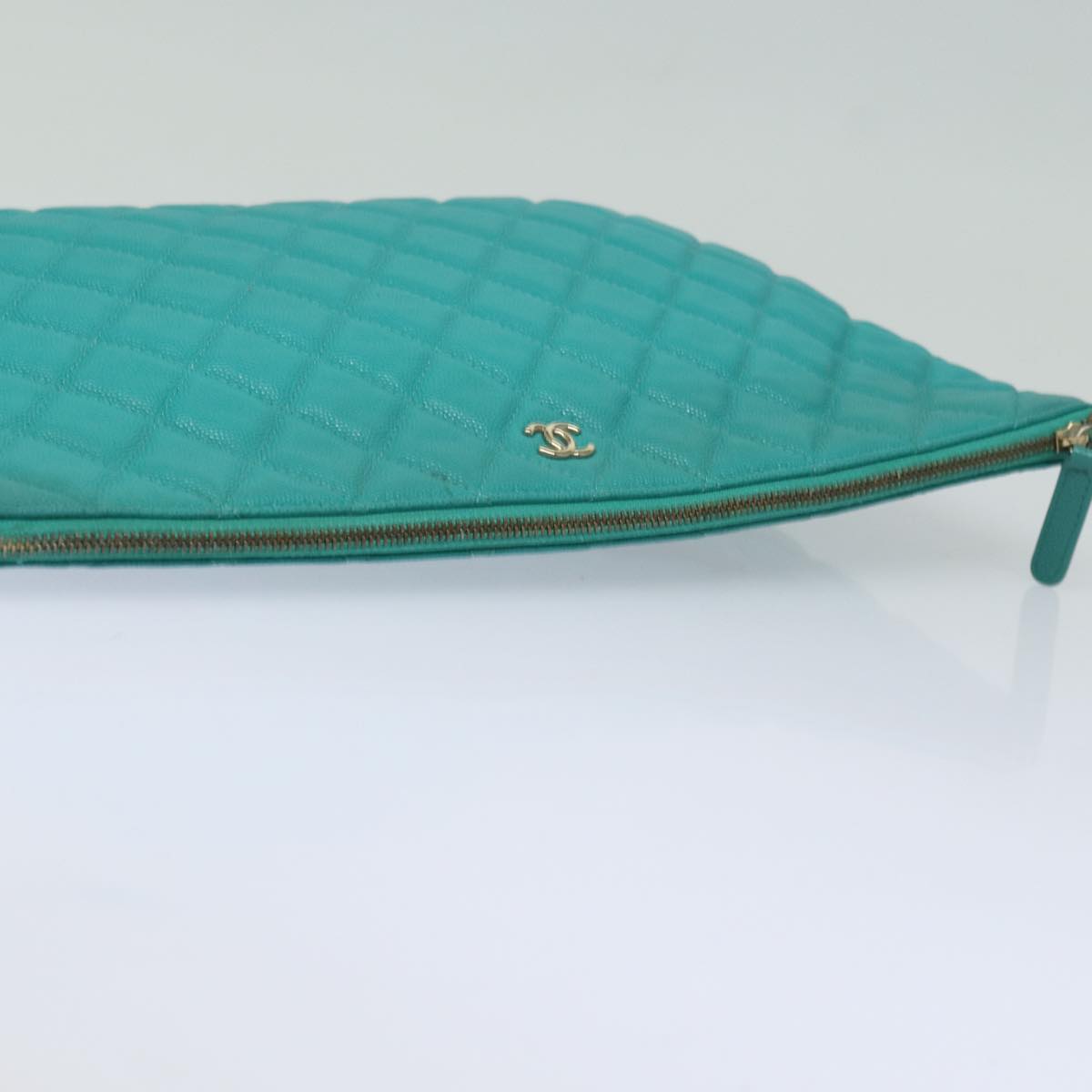 CHANEL Clutch Bag Caviar Skin Turquoise Blue CC 83807A