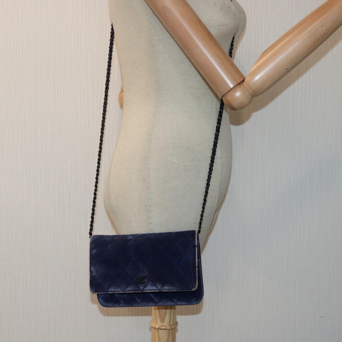 CHANEL Chain Shoulder Bag Moquette Navy CC 84139