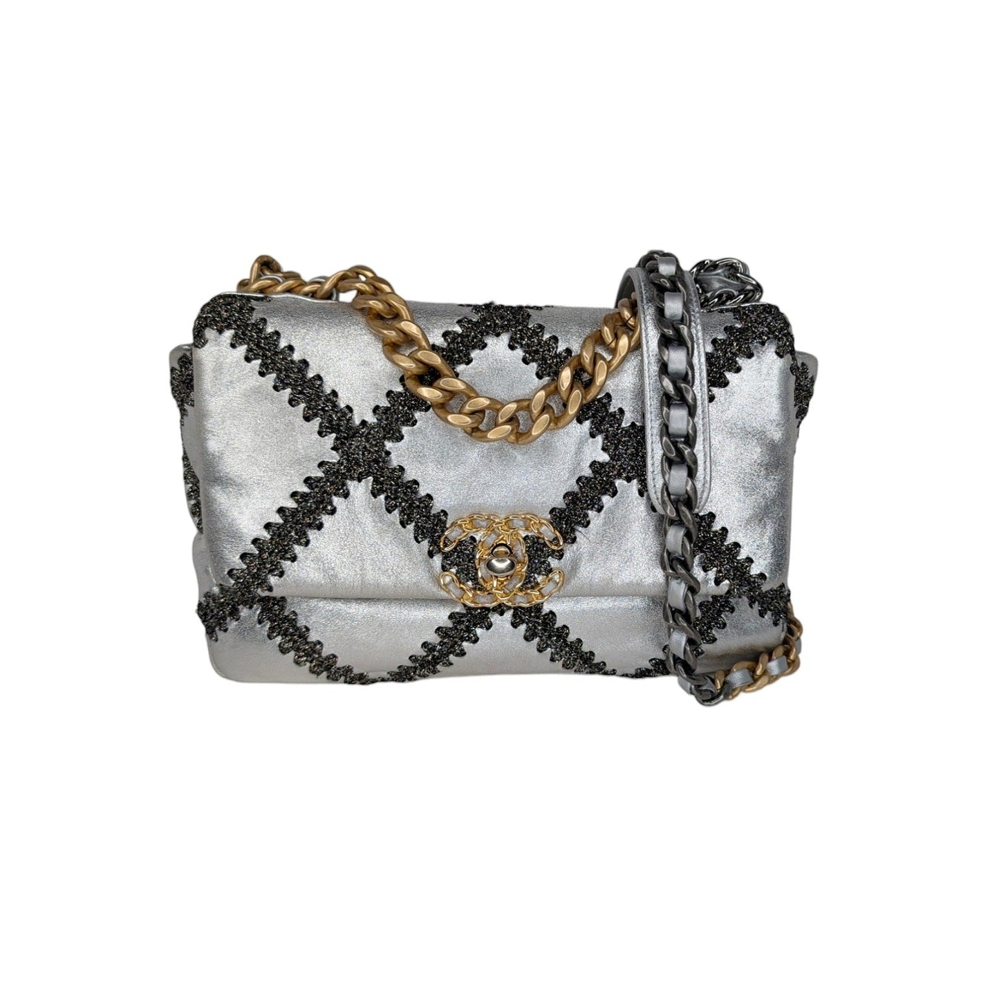 Chanel 2021 Metallic Calfskin Crochet Medium Chanel 19 Flap