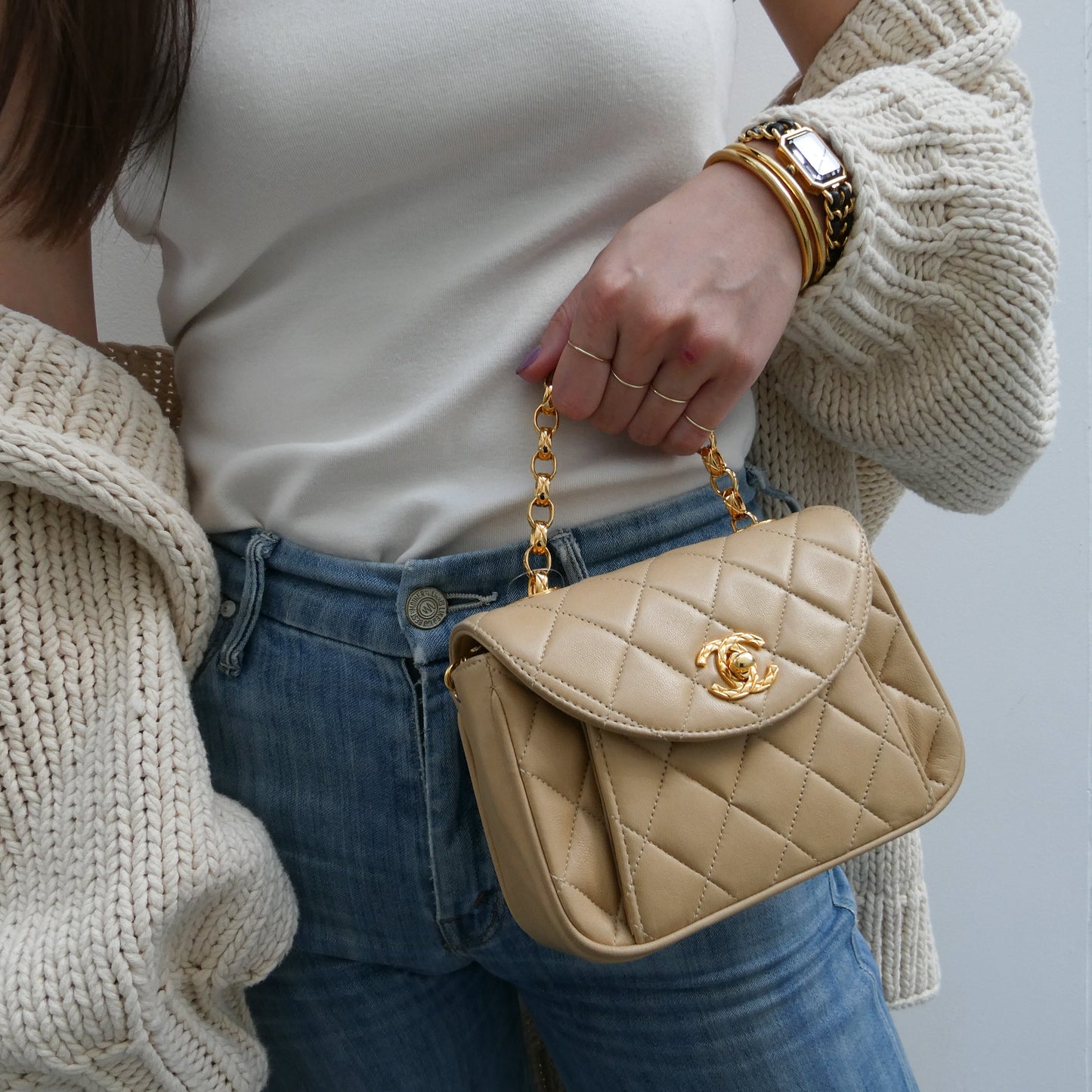 CHANEL 1997-1999 Round Flap Mini Beige Lambskin
