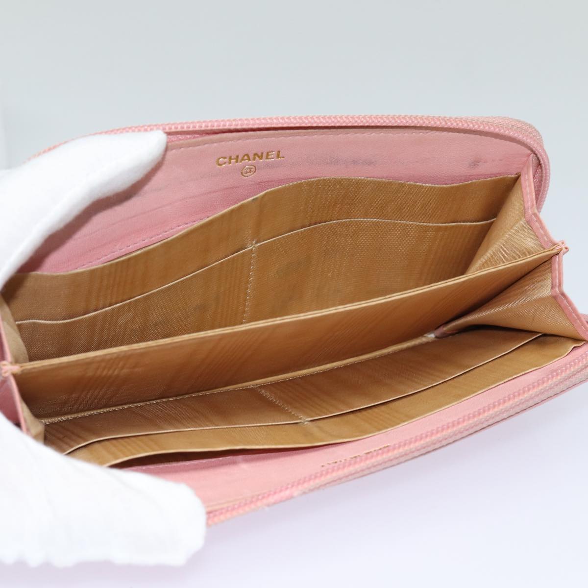 CHANEL COCO Mark Long Wallet Caviar Skin Pink Gold CC 87035