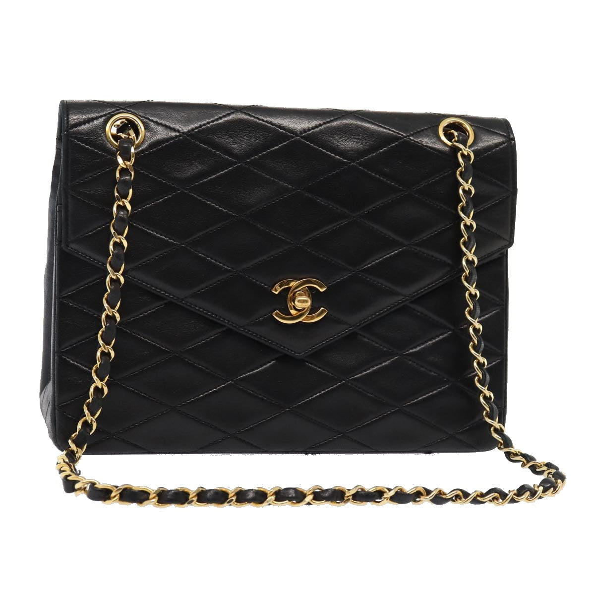 CHANEL Matelasse Turn Lock Chain Hand Bag Lamb Skin Black Gold CC 87124A