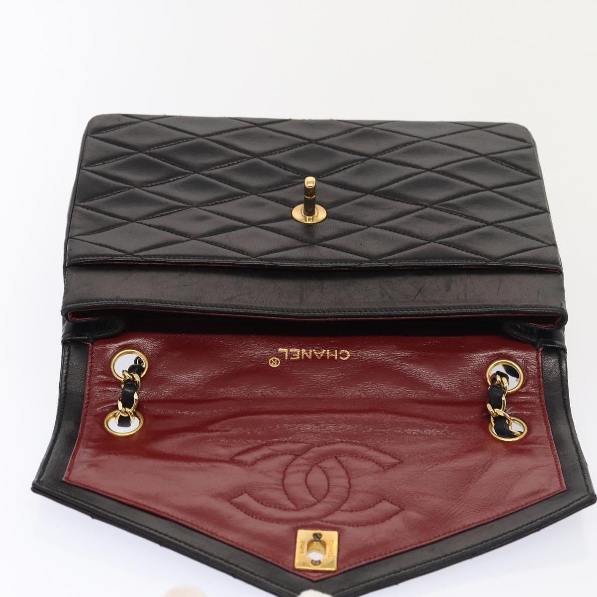 CHANEL Matelasse Turn Lock Chain Hand Bag Lamb Skin Black Gold CC 87124A