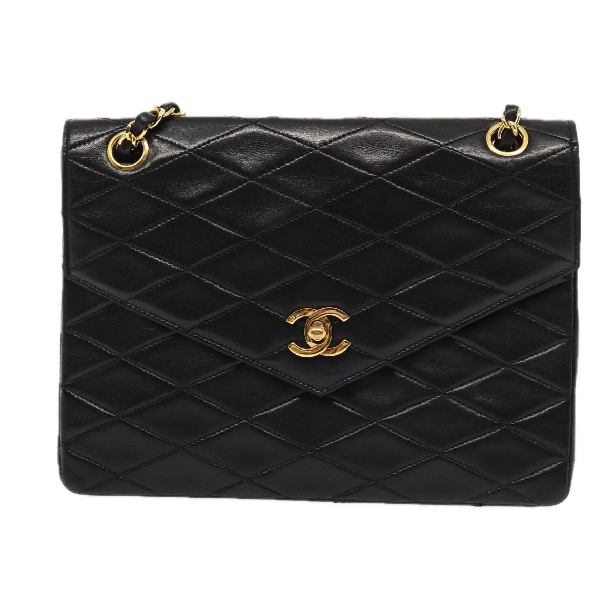 CHANEL Matelasse Turn Lock Chain Hand Bag Lamb Skin Black Gold CC 87124A