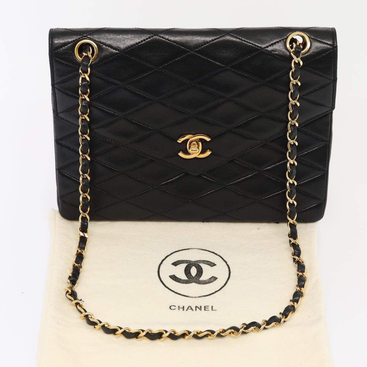 CHANEL Matelasse Turn Lock Chain Hand Bag Lamb Skin Black Gold CC 87124A