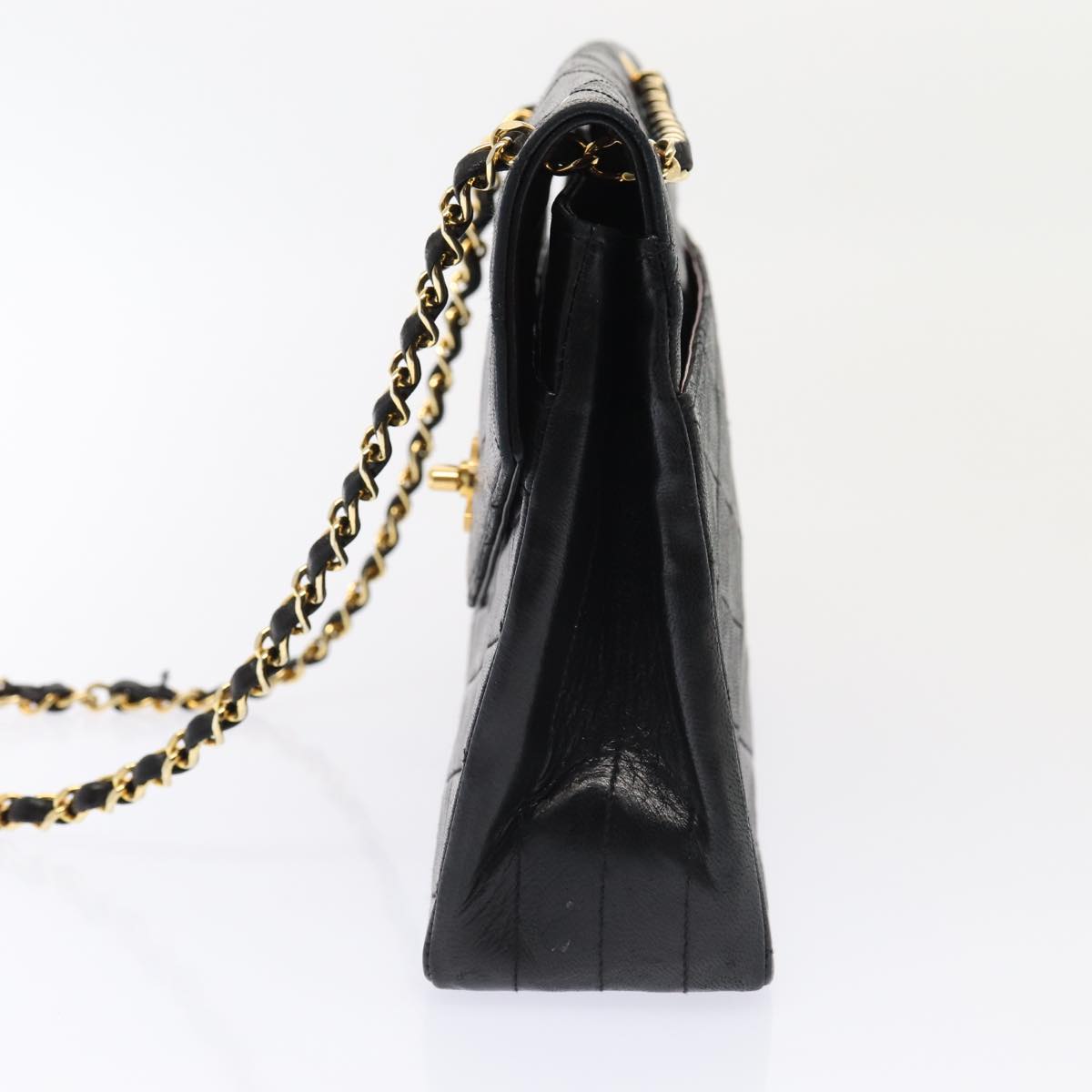 CHANEL Matelasse Turn Lock Chain Hand Bag Lamb Skin Black Gold CC 87124A