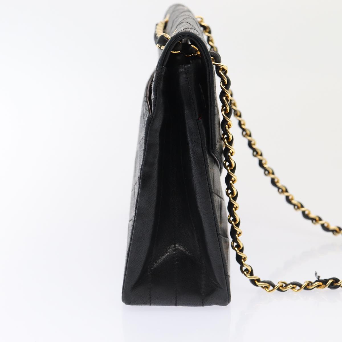CHANEL Matelasse Turn Lock Chain Hand Bag Lamb Skin Black Gold CC 87124A