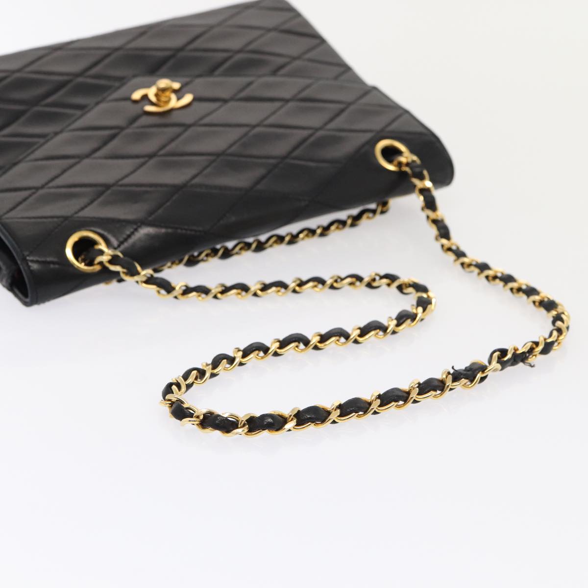 CHANEL Matelasse Turn Lock Chain Hand Bag Lamb Skin Black Gold CC 87124A