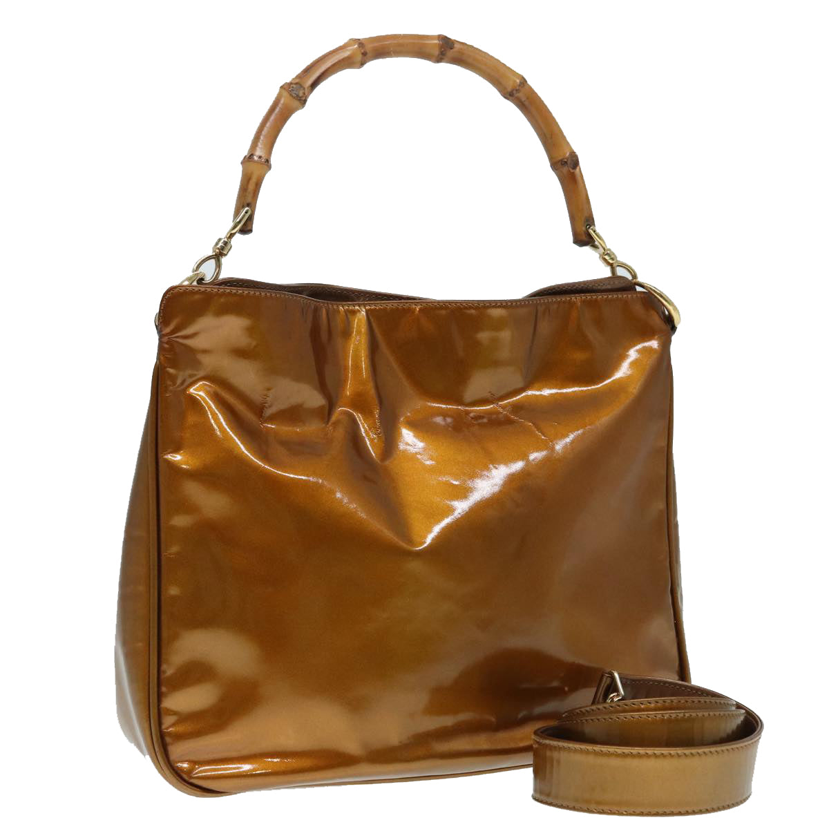 GUCCI Bamboo Hand Bag patent 2way Bronze 87342