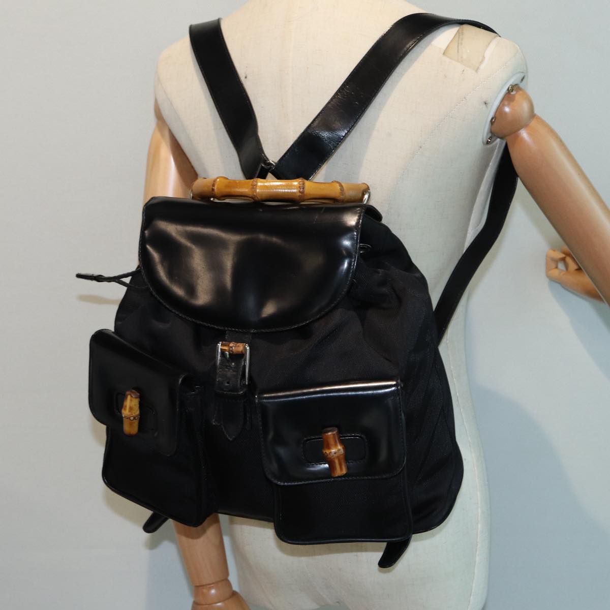GUCCI Bamboo Backpack Canvas patent leather Black Silver 87626