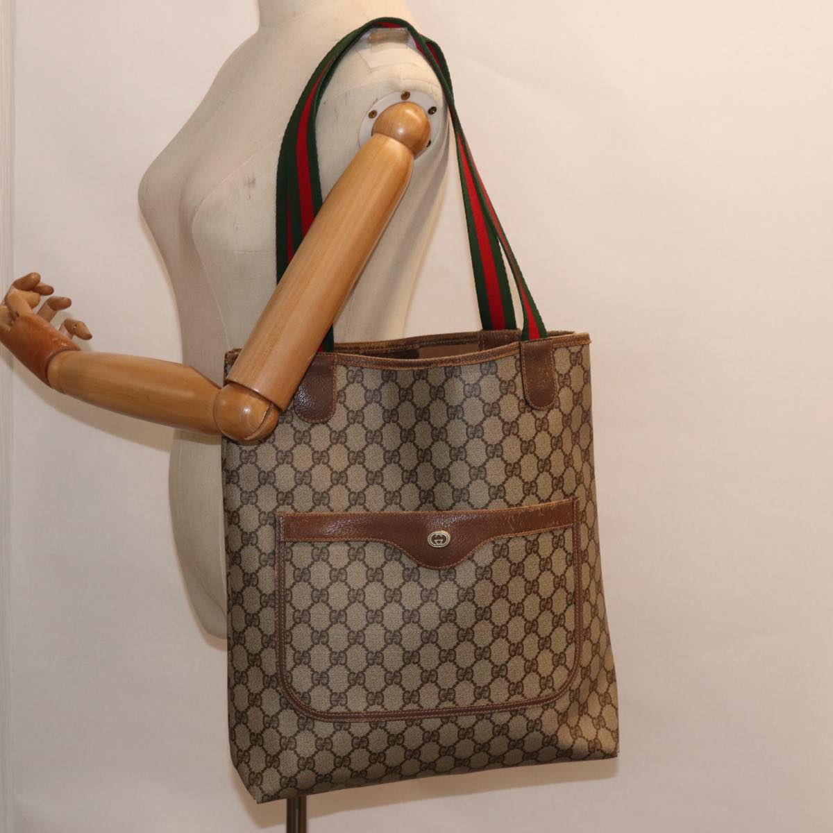 GUCCI GG Supreme Web Sherry Line Tote Bag PVC Beige Red 40 02 003 88155