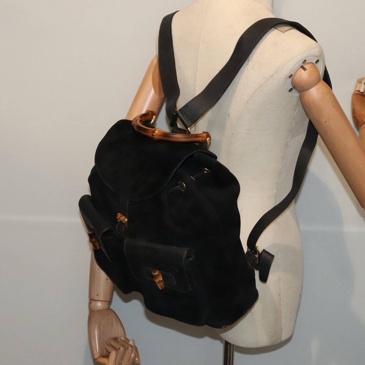 GUCCI Bamboo Backpack Suede Black Gold 003 58 0016 88180
