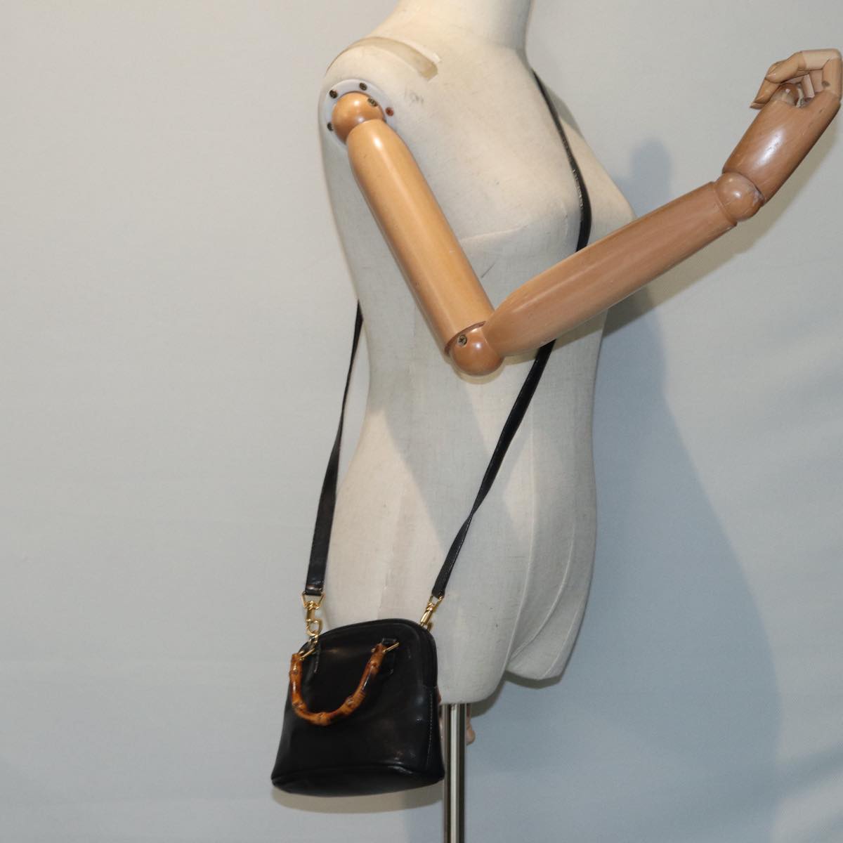 GUCCI Bamboo Hand Bag Leather 2way Black Gold 007 2032 0231 88410