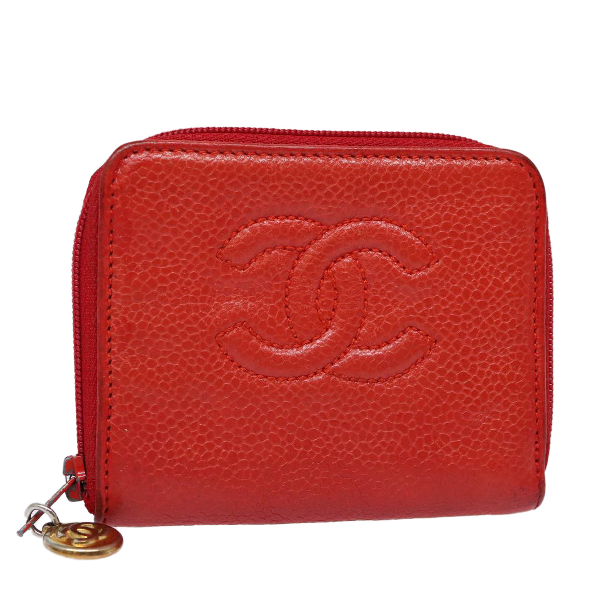CHANEL COCO Mark Coin Purse Caviar Skin Gold Red CC 88633