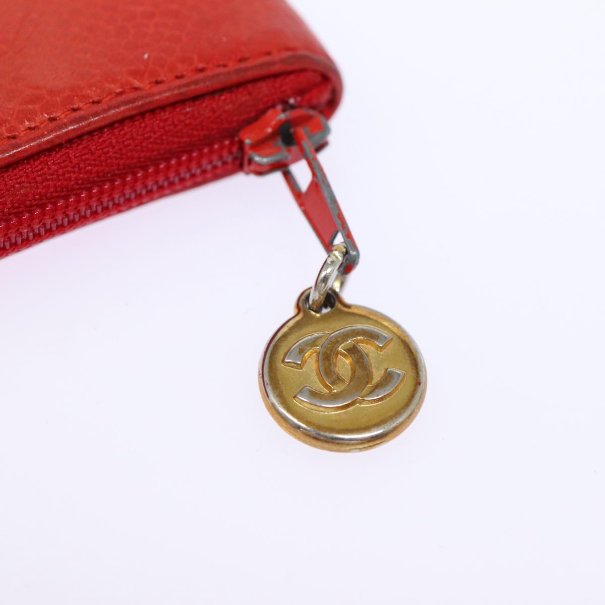 CHANEL COCO Mark Coin Purse Caviar Skin Gold Red CC 88633