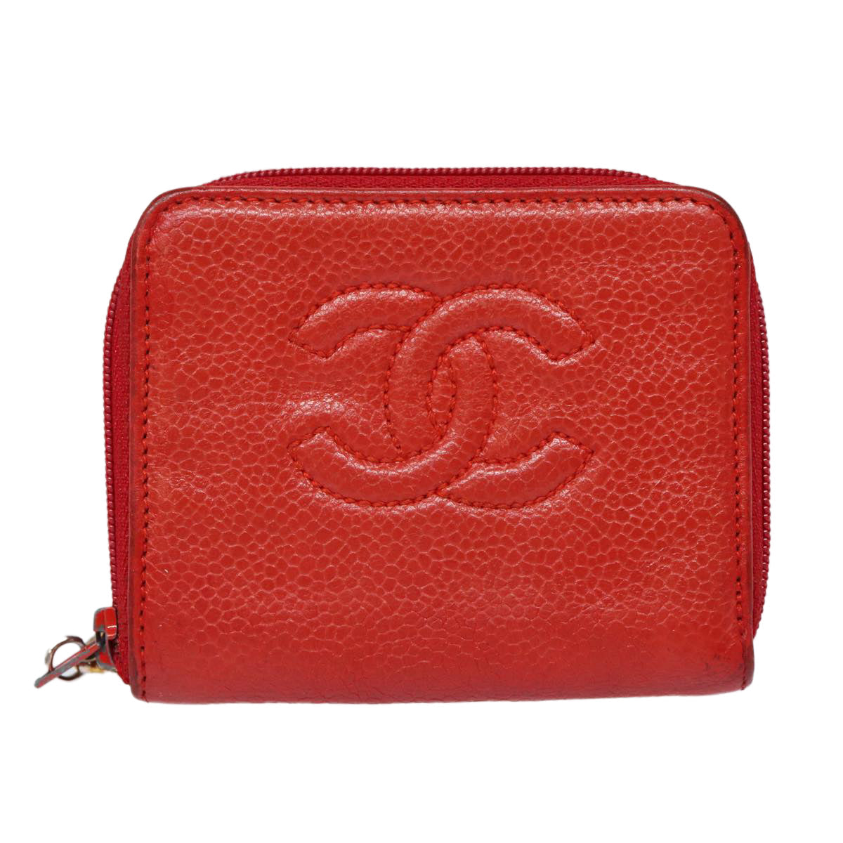 CHANEL COCO Mark Coin Purse Caviar Skin Gold Red CC 88633