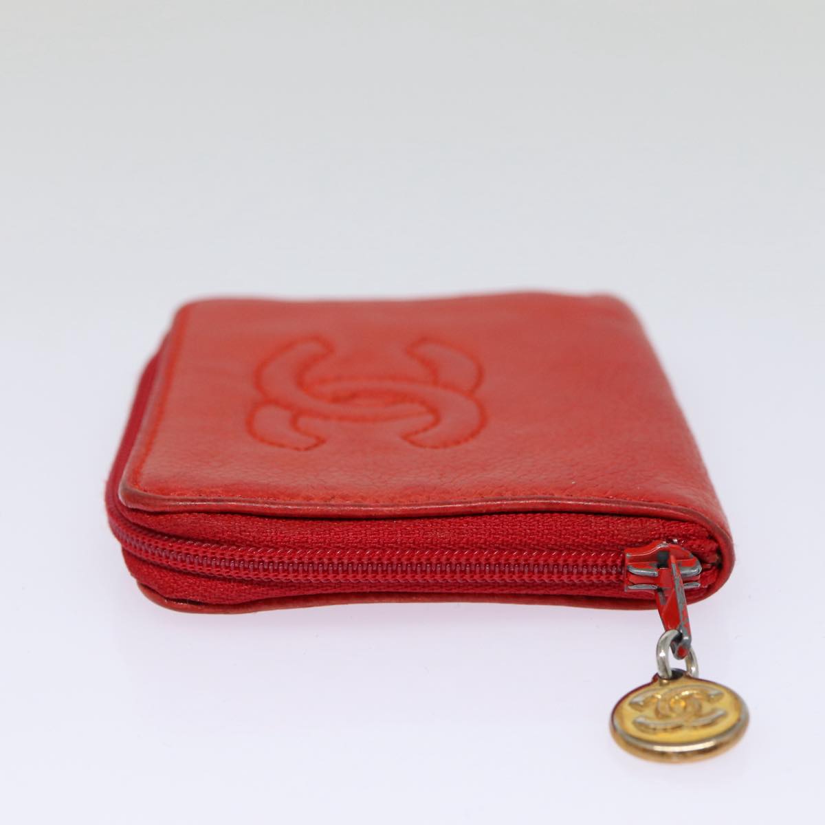 CHANEL COCO Mark Coin Purse Caviar Skin Gold Red CC 88633