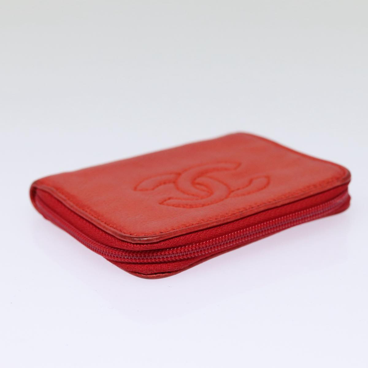CHANEL COCO Mark Coin Purse Caviar Skin Gold Red CC 88633