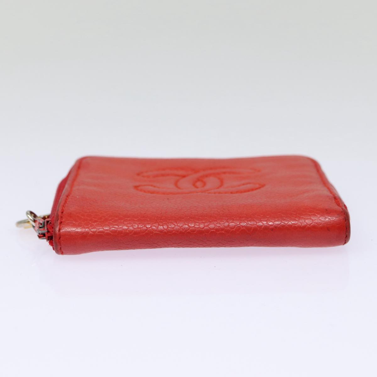 CHANEL COCO Mark Coin Purse Caviar Skin Gold Red CC 88633