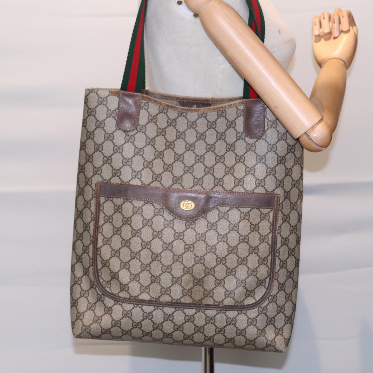 GUCCI GG Supreme Web Sherry Line Tote Bag PVC Beige Gold 39 02 003 88693
