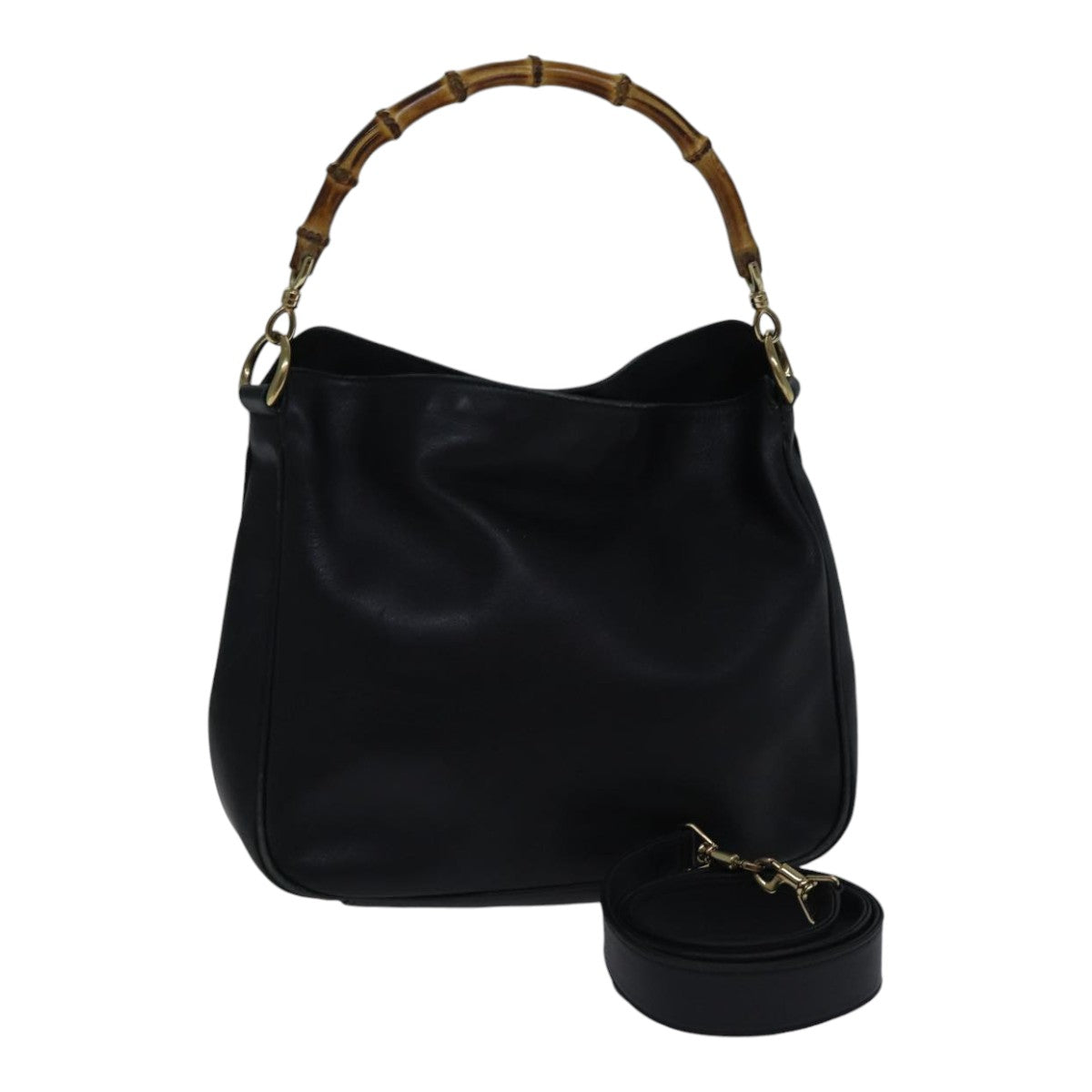 GUCCI Bamboo Shoulder Bag Leather 2way Black Gold 001 1638 2058 89140