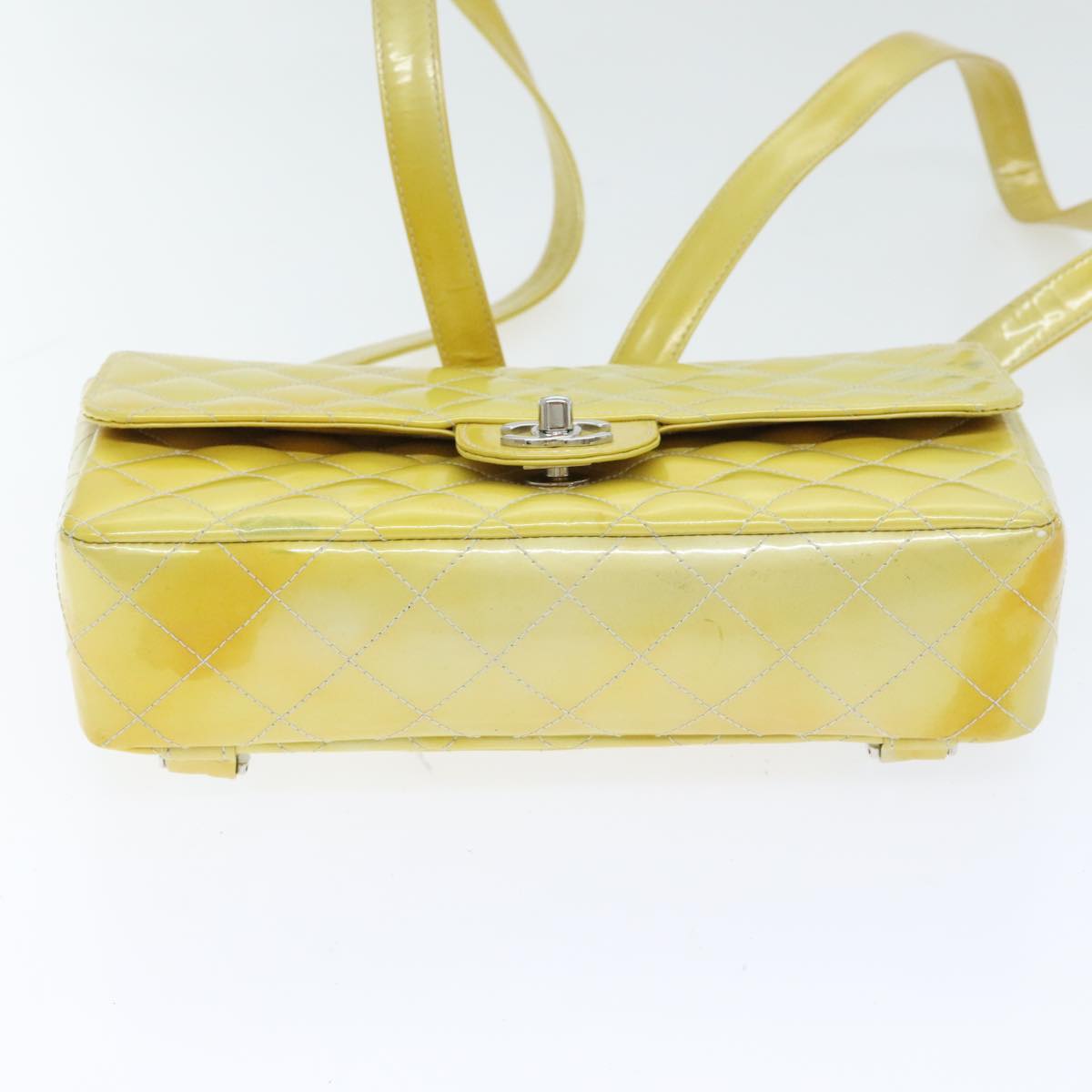 CHANEL Matelasse Backpack Patent leather Yellow Silver CC 89374