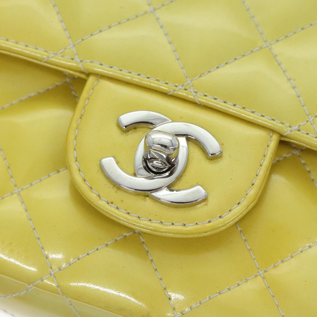 CHANEL Matelasse Backpack Patent leather Yellow Silver CC 89374