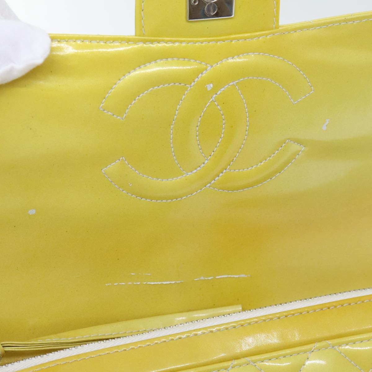 CHANEL Matelasse Backpack Patent leather Yellow Silver CC 89374