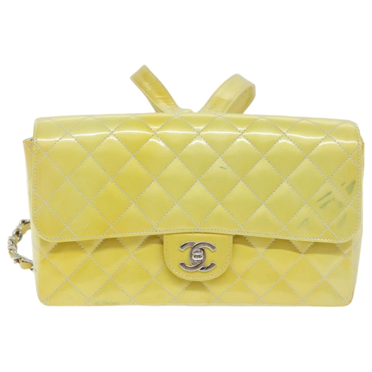 CHANEL Matelasse Backpack Patent leather Yellow Silver CC 89374