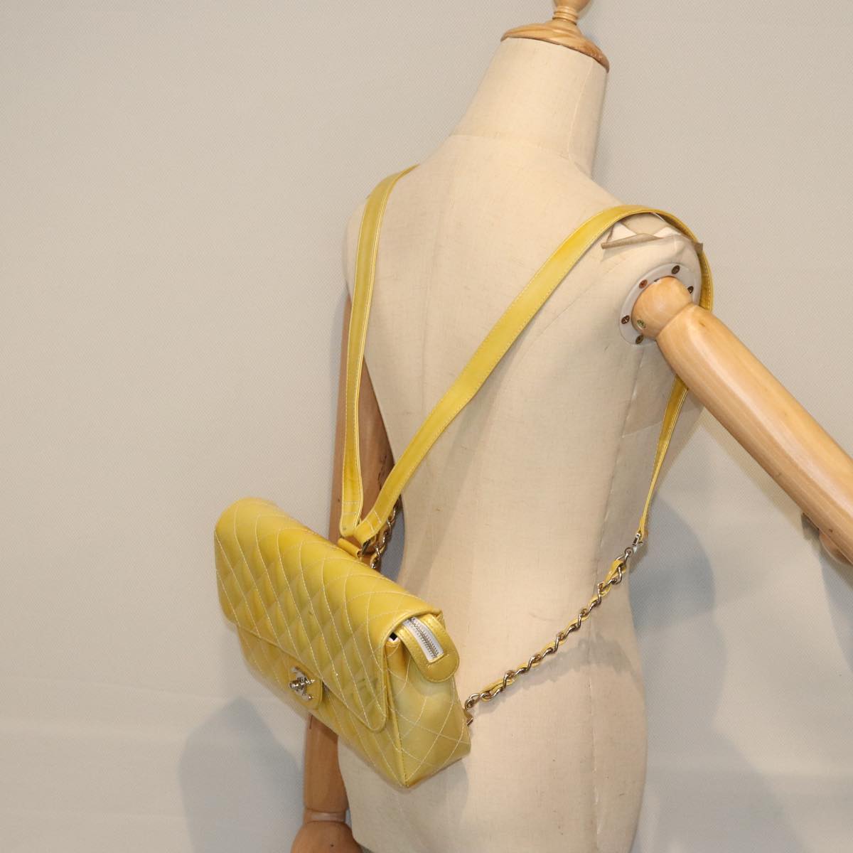 CHANEL Matelasse Backpack Patent leather Yellow Silver CC 89374