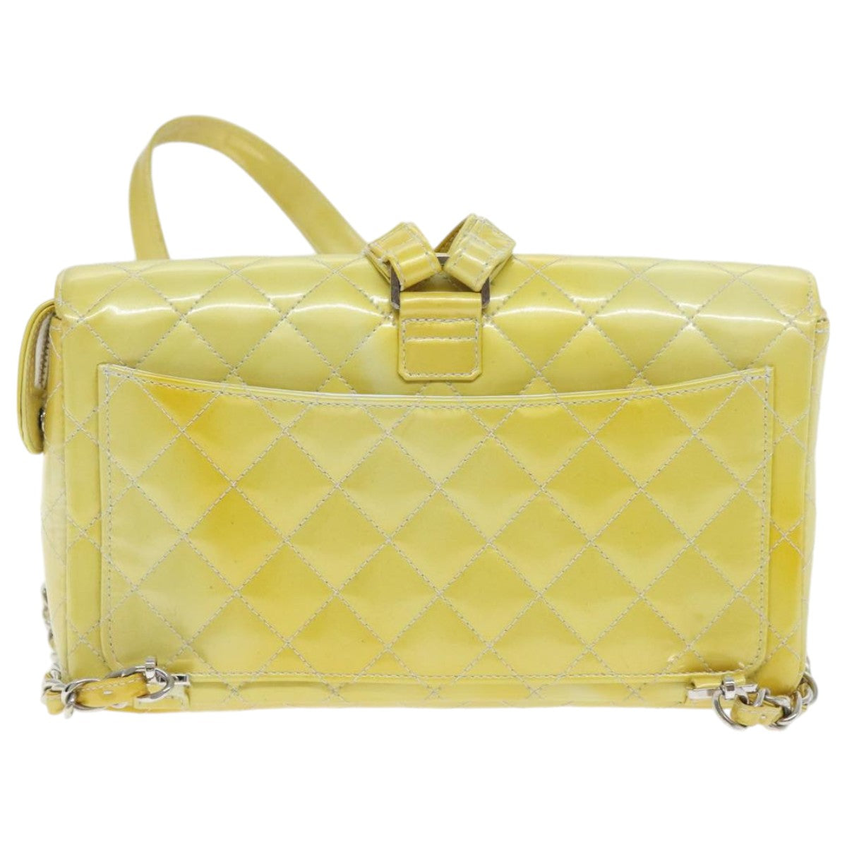 CHANEL Matelasse Backpack Patent leather Yellow Silver CC 89374