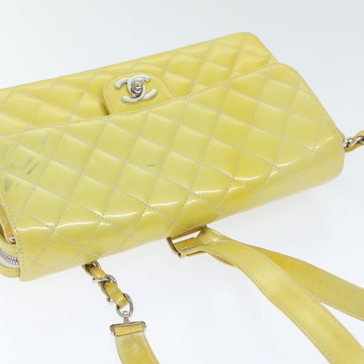 CHANEL Matelasse Backpack Patent leather Yellow Silver CC 89374